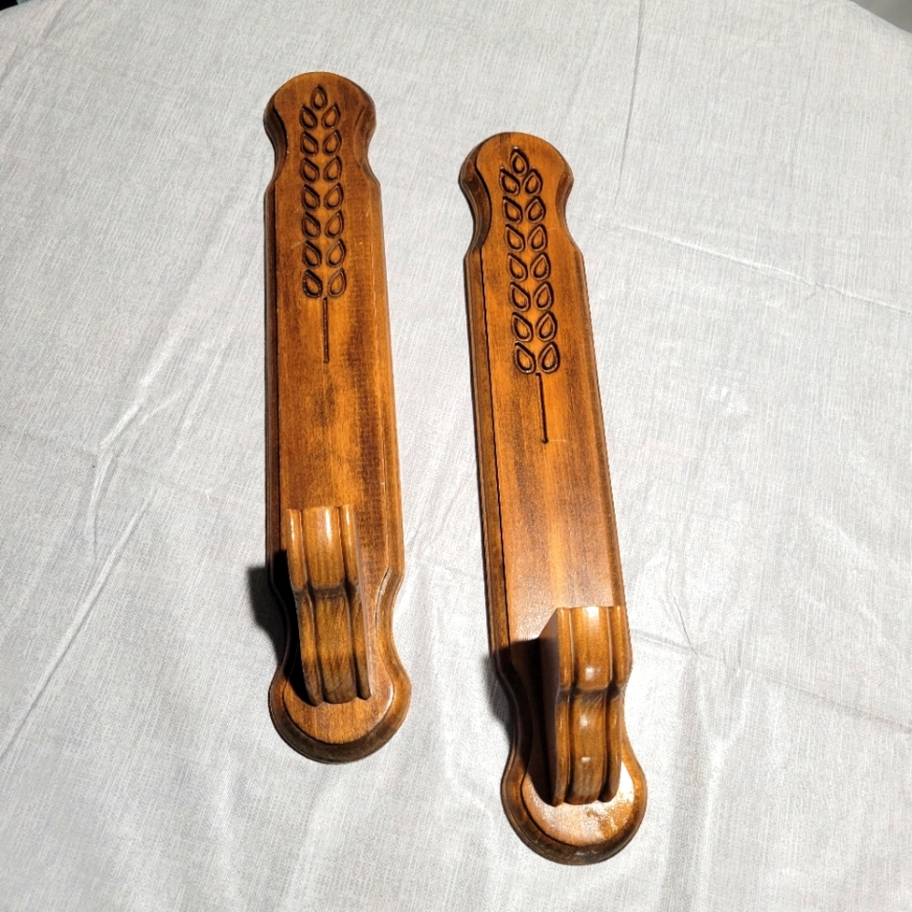 Pair of Vintage MCM Wooden Candle Sconces Candle Holders Wooden 18"  x 3"